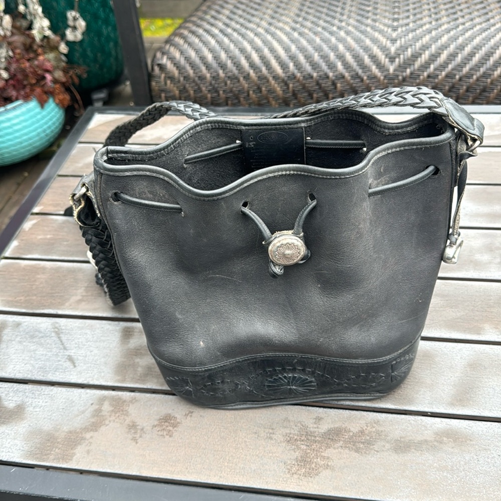 Vintage Western Black Leather Bucket Bag Brighton Crossbody Silver Hardware